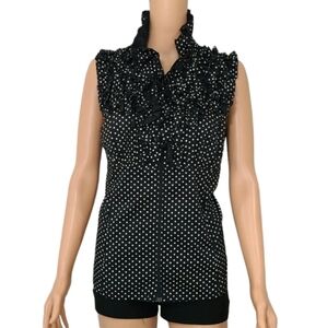 Debbie Shuchat black/White Dot‎ Ruffle Zip Up Sleeveless blouse Top Size 10